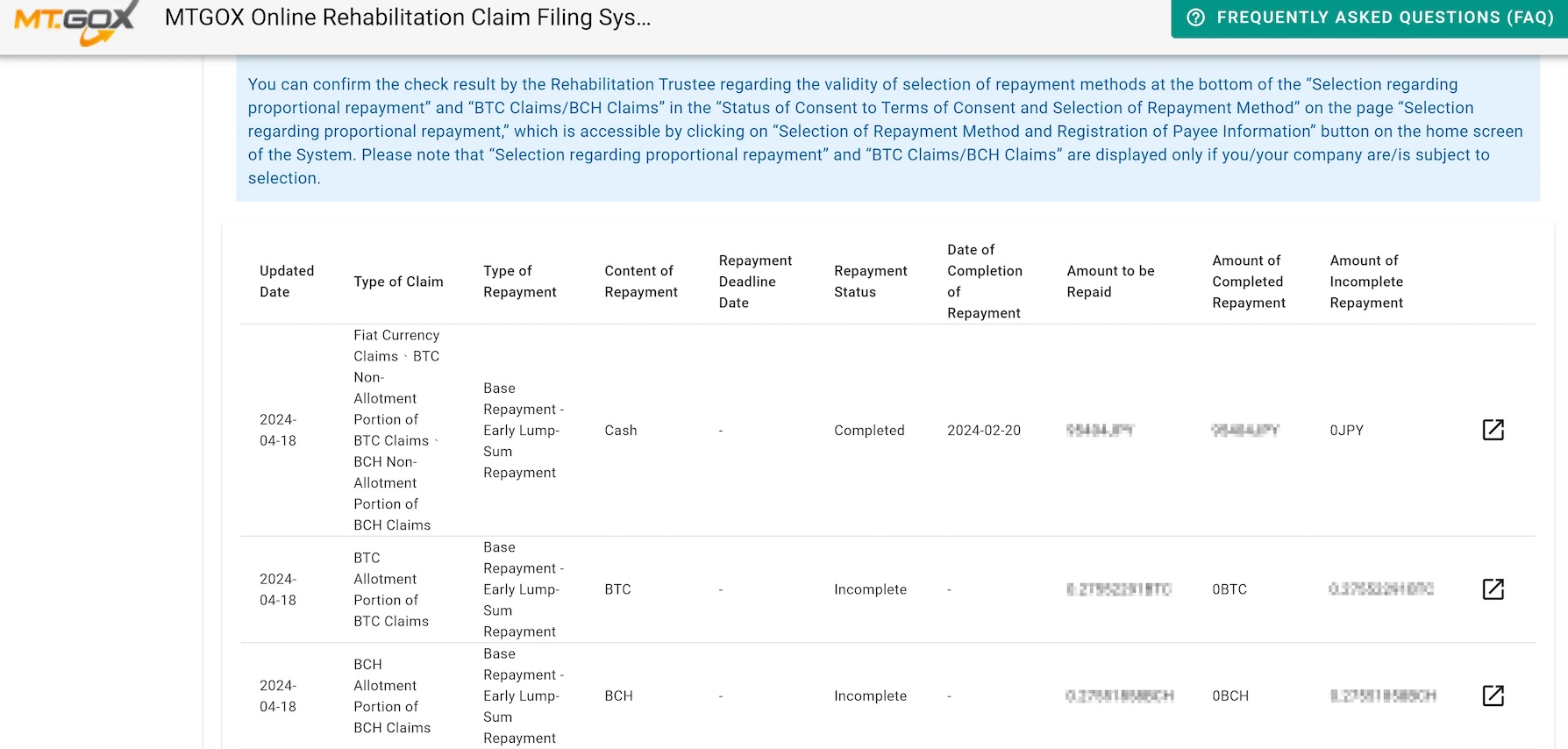 Mt. Gox online rehabilitation claim filling system.